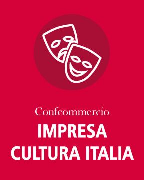 Icon of two theater masks on a red background with "Confcommercio IMPRESA CULTURA ITALIA".