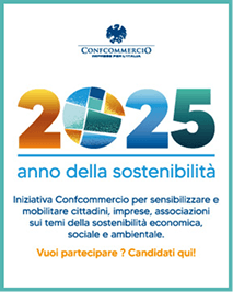 '2025 anno della sostenibilità' with Confcommercio logo and initiative details.