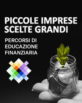 A plant growing from coins in a jar, with text "Piccole Imprese Scelte Grandi, Percorsi di Educazione Finanziaria".