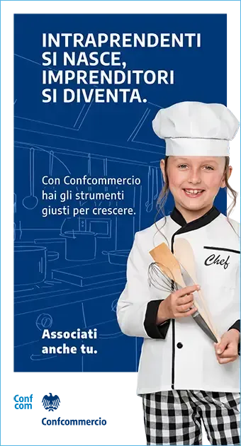 Smiling girl in chef's uniform holding wooden spoons, with Italian text about entrepreneurs.