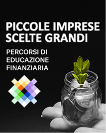 'PICCOLE IMPRESE SCELTE GRANDI' text, hand holding a jar of coins with a growing plant.