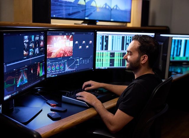 Man with beard editing video on a multi-monitor workstation in a dark studio.